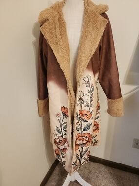 Floral Faux-Shearling Trench Coat - Brown & Cream